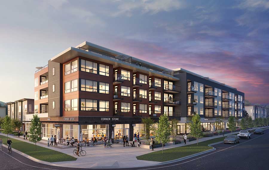 Artist rendering of The Corners, a four story mixed-use condo building with retail units on the ground floor.