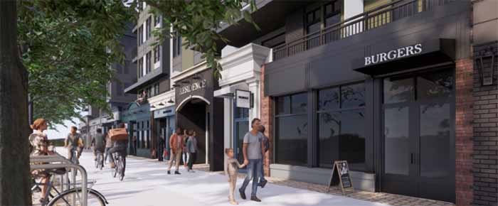 Artist rendering of streetscape at upcoming development located at 33816 South Fraser Way