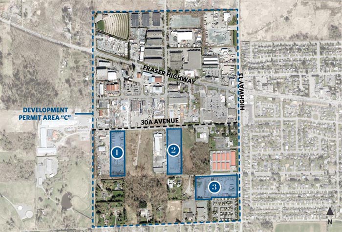 Map of development Permit Area 3 highlighting the location of 3 upcoming industrial developments
